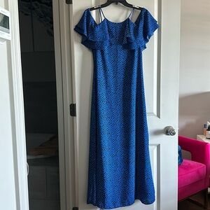 Off the shoulder, cold shoulder blue midi or maxi dress